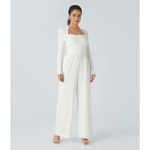 Halara Long Sleeve Wide Leg Jumpsuit Casual White Stretch Bridal Small